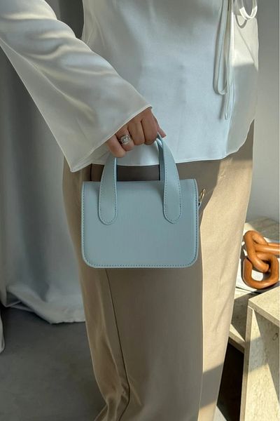 LEONAS Small Size Women's Hand and Shoulder Bag Wora Blue with Stitching Detail