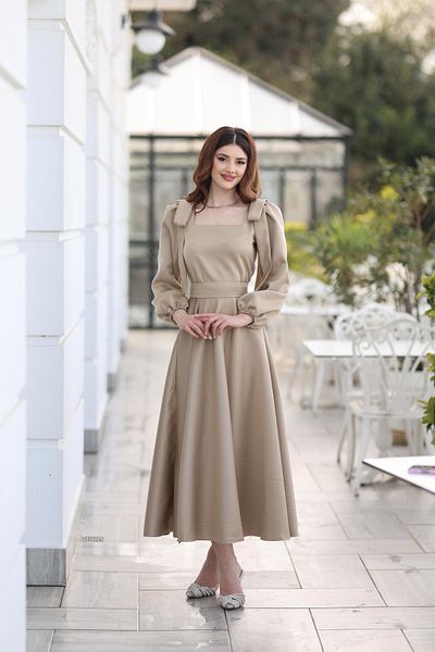 KADNER Women's Beige Square Necklace Bow Detail Pera Evening Dress