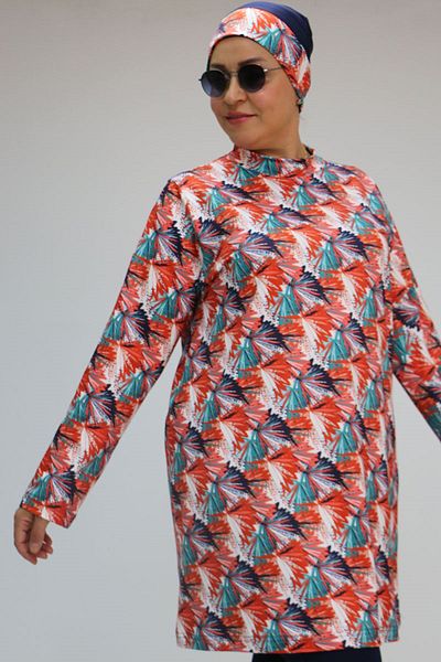 Eslina 1727 Large Size Long Sleeve Hijab Swimsuit Set - Leaf Pattern Orange