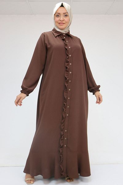 Eslina 56010 Plus Size Flounced Ruffle Linen Ferace Dress - Brown