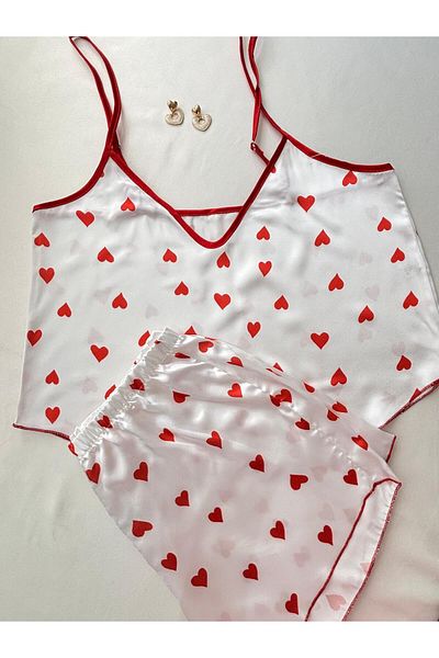 İNKO İÇ GİYİM Red Heart Satin Adjustable Strap Shorts Pajama Set