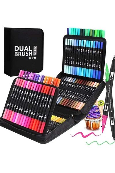huitich 100 Pcs Dual Brush Pens Set with Zipper Case for Drawing and Coloring