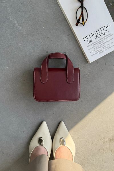LEONAS Small Size Women's Hand and Shoulder Bag Wora Claret Red with Stitching Detail