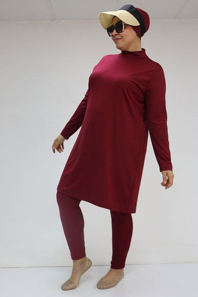 Eslina 1737 Large Size Long Sleeve Hijab Swimsuit - Claret Red