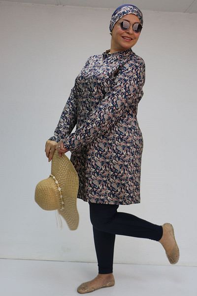 Eslina 1727 Large Size Long Sleeve Hijab Swimsuit Set - Ethnic Pattern Navy Blue