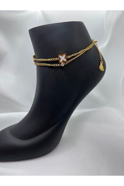 Mila Lumiere Minimal Modern Design Double Chain Zircon Stone Square Motif Gold Gold Color Steel Anklet