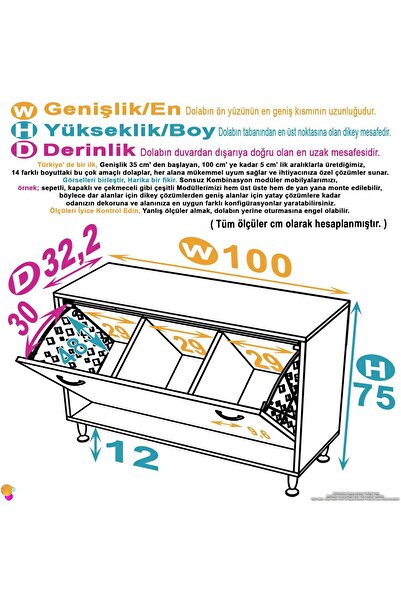 Modilayn 100x75x32,5 cm' lik Ekstra Büyük 3 Sepetli Dolap, Organizatör Mutfak Dolabı Çok Amaçlı Dolap