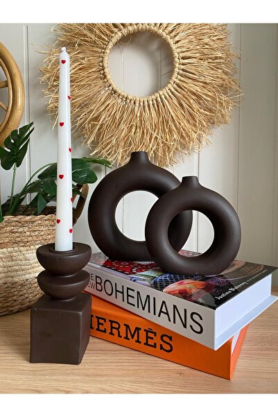 Porselian Decorative 3-Piece Bohemian Set Vase, 2 Ring Vases, 1 Candle Holder