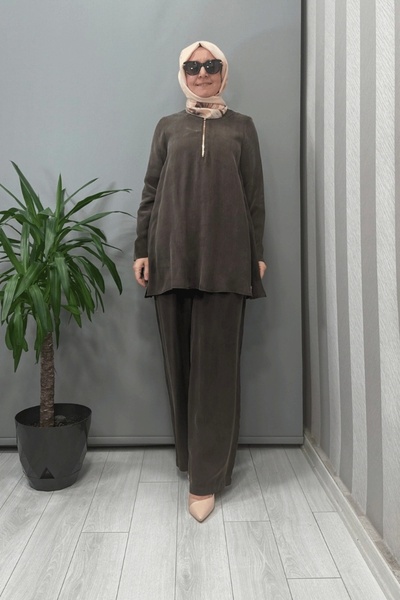 MISS DALIDA Cupro Tunic with Zipper Collar Brown T25Y-6061