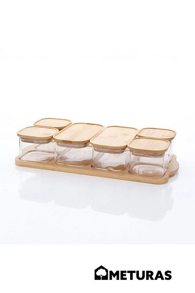 Meturas 6 Piece Glass Storage Container Set with Bamboo Lid Tray Breakfast Set 4X240 - 2X480 ml Rectangular