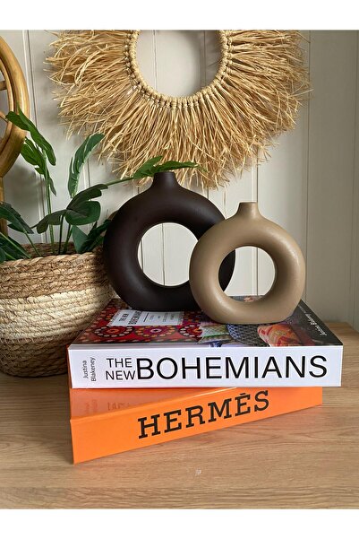 Porselian Set de 2 vaze cu cerc boem (MARE 18X18CM, MIC 14X13,5CM)