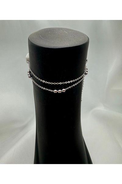 Mila Lumiere Square Evil Eye Beaded Double Chain Silver Silver Color Steel Anklet