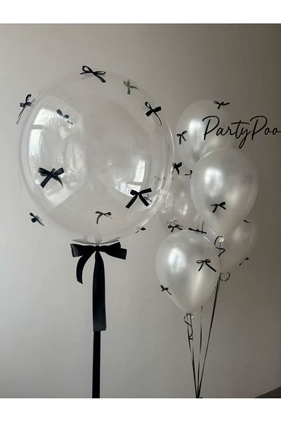 PartyPoo Black Bow Bobo and Metallic White Balloon Set 10 Birthday Set Bow Balloon, Ribbon Balloon