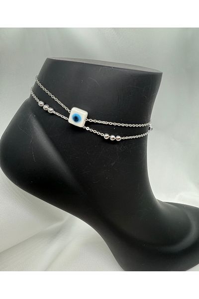 Mila Lumiere Square Evil Eye Beaded Double Chain Silver Silver Color Steel Anklet