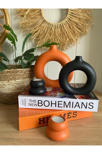 Porselian Dekoratif 4’lü Bohem Vazo & Mumluk Seti | 2’li Halka Vazo 2’li Muml...