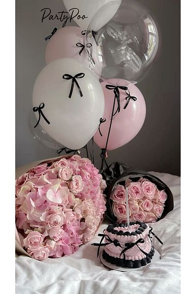 PartyPoo 2 Pink 2 White 2 Transparent Balloon Set + 15 Black Bow Ribbon Bow Balloon, Ribbon Balloon