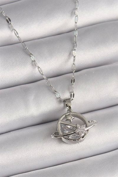 Store 316L Steel Silver Color Chain Zircon Stone Star Detail Planet Model Women's Necklace
