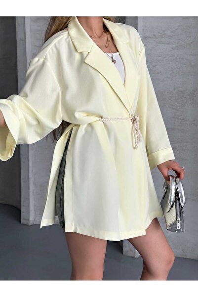 Lovely butik Women's Belt Detail Polyviscos Long Jacket