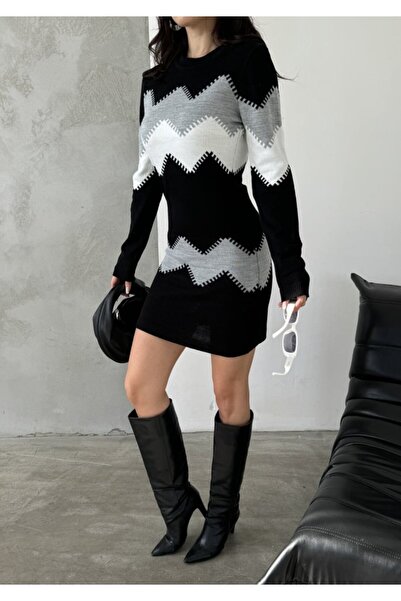 ETİLER COLLECTION Women's Long Sleeve Zigzag Pattern Knitwear Dress