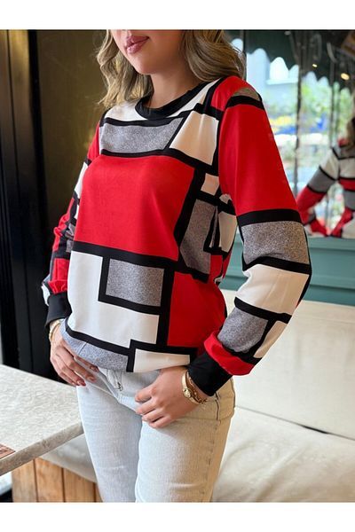 POLEXP Women's Long Sleeve Crew Neck Color Block Print Diver Blouse