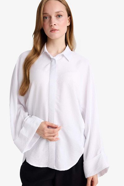 DeFacto Relax Fit Basic Plain Linen Blended Long Sleeve Hijab Shirt Tunic D9702Ax25Sm