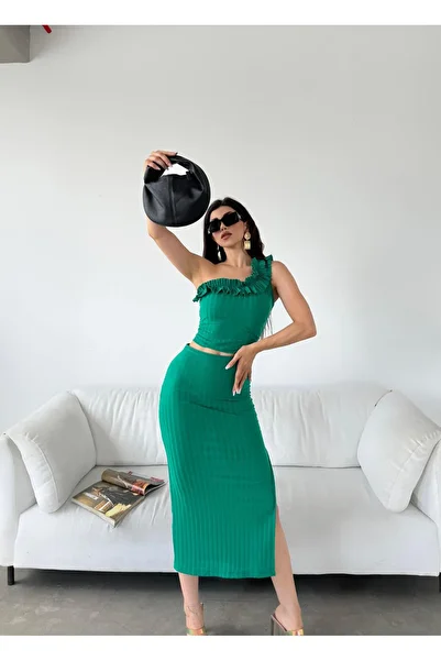 BEEMU One shoulder ruffle detailed skirt and blouse top bottom set