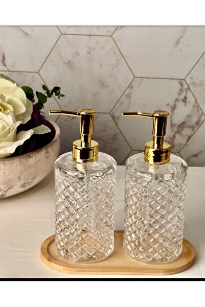 Pembelia Life Bambu Standlı 2’li Gold Başlıklı Kristal Cam Sabunluk Set