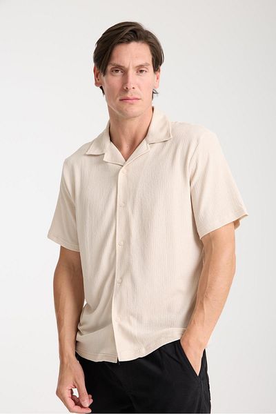 Store Men's Cotton V-Neck Textured Shirt - Light and Comfortable Casual Summer Wear