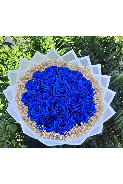BUKET DÜNYASI 20 li Led Işıklı Kenar Süslemeli Solmayan Gül Buketi Mavi Gül Dışı Beyaz