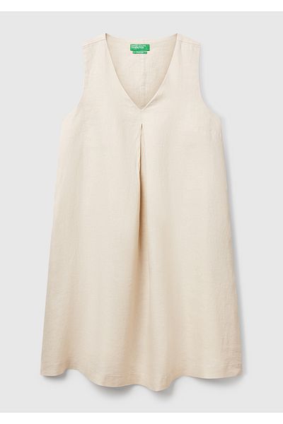 United Colors of Benetton Women's Stone Color 100% Linen Side Zipper A-Line V-Neck Short Dress