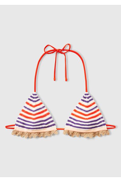 United Colors of Benetton Women's Colorful Mix Striped Multicolor Knitwear Triangle Bikini Top