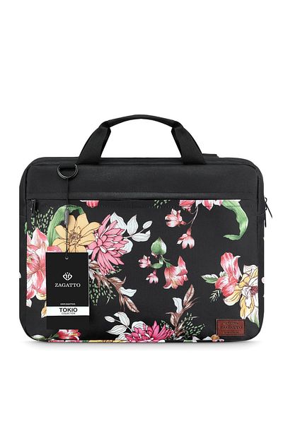 zagatto Elegant black laptop bag 15.6”, floral design, waterproof, shoulder strap, ZG79