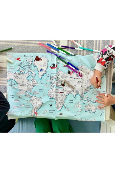 ES Sanat Tasarım Dünya Haritası Boyama Örtüsü - 50x70cm-Boya, Yıka, Tekrar Bo...