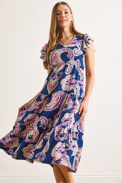 Olalook Γυναικείο φόρεμα με μπλέ Navy Shoulder Guipure με λεπτομέρεια ελαστική μέση ELB-19002469