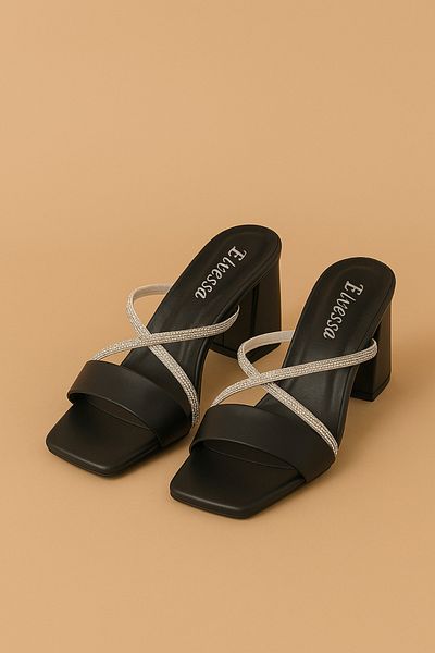 Elvessa Women's Black 5 cm Thick Heeled Shoes Single Strap, Shiny Stone Decoration, Special Day & Daily Use