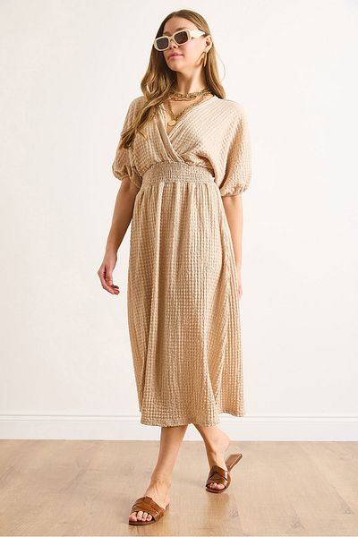 Olalook Γυναικείο φόρεμα Camel Waist Gipeli με διπλό γιακά Midi ELB-19002100