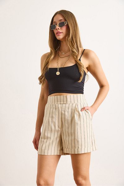 Olalook Γυναικείο σορτς με πέτρινο ριγέ Velcro Closure Linen Look SHRT-19000064