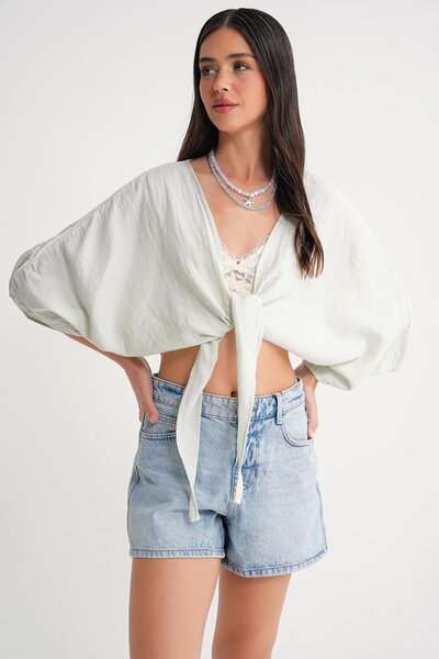 Mixray 4723 Women's Tie Front Bolero Blouse Sage