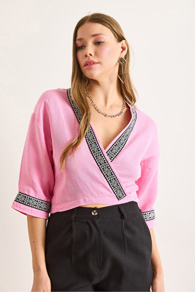 Olalook Women's Pink Guipure Striped Six-Tie Muslin Kimono Kmn-00000069