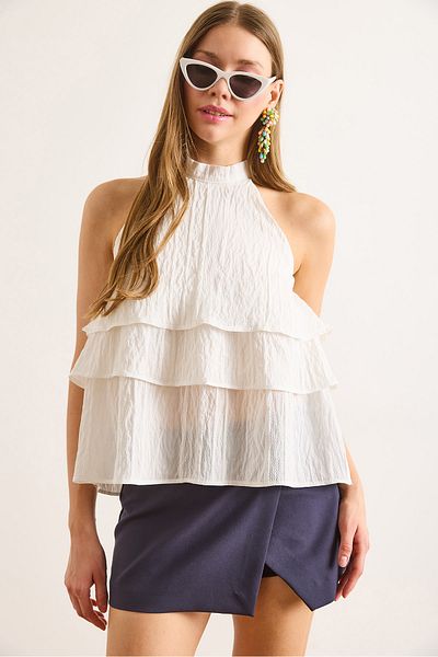 Olalook Γυναικεία Μπλούζα με Γιακά Λευκό Halter BLZ-19003040