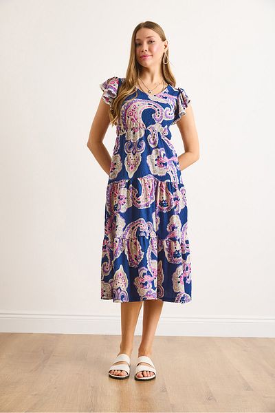 Olalook Γυναικείο φόρεμα με μπλέ Navy Shoulder Guipure με λεπτομέρεια ελαστική μέση ELB-19002469