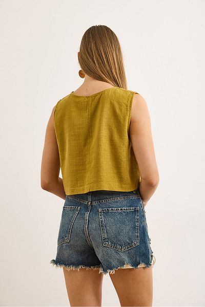 Olalook Γυναικεία Oil Green Flam Λινό Crop Μπλούζα BLZ-19002925