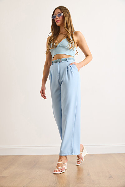 Olalook Women's Blue Buttoned Pleated Palazzo Double Trousers Pnt-19000355