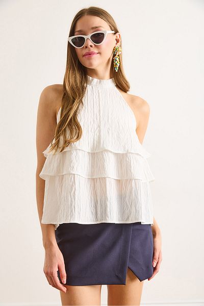 Olalook Γυναικεία Μπλούζα με Γιακά Λευκό Halter BLZ-19003040