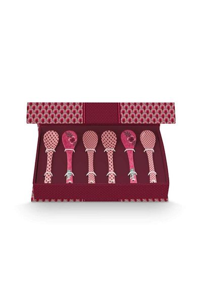 Pip Studio Set of 6 spoons, porcelain, Pip Studio, Dark Pink, 13 cm, Flower Festival collection