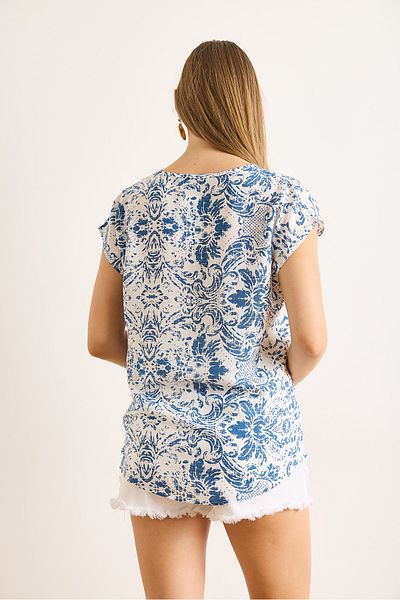 Olalook Γυναικεία Ethnic Navy Blue V λαιμόκοψη υφασμένη μπλούζα βισκόζης BLZ-19003048