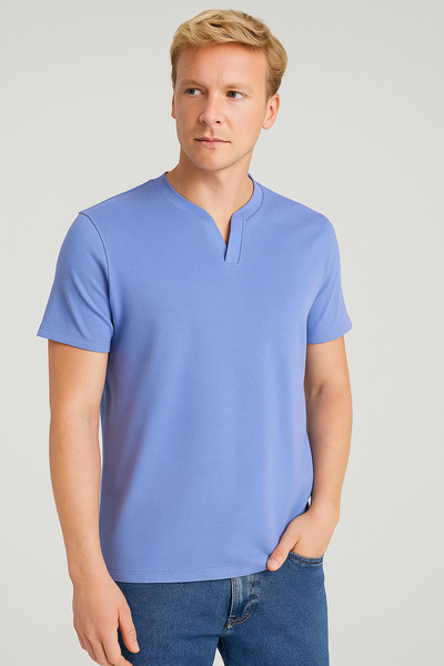 UOMOPARK 2124 Henley T-shirt Καφέ με λεπτομέρεια με κουμπιά Basic Casual T-shirt