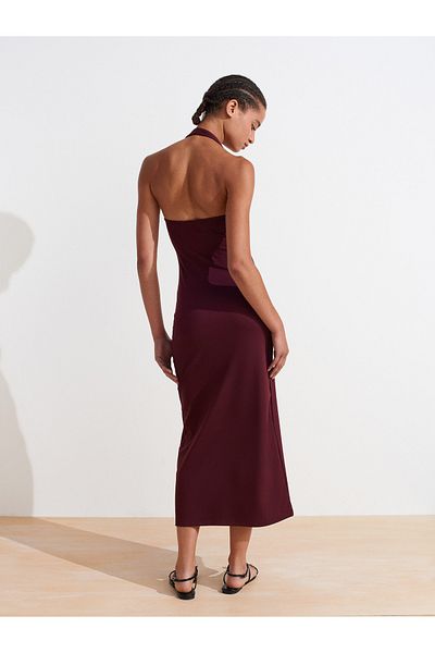 Dilvin 91476 Halter Neck Midi Dress-Burgundy