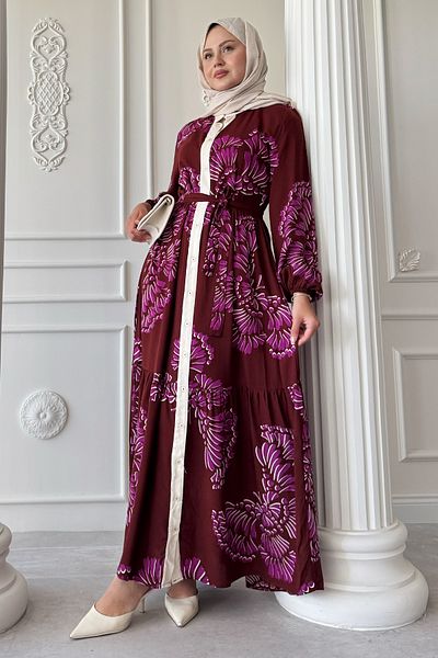 InStyle Wavy Leaf Pattern Purple Viscose Dress