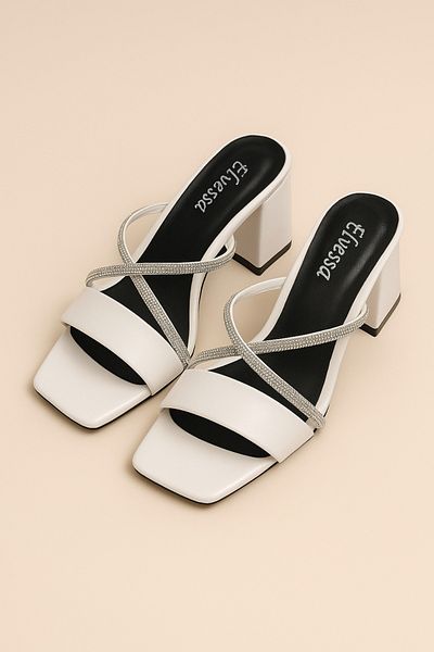 Elvessa Women's White 5 cm Thick Heeled Shoes Single Strap, Shiny Stone Decoration, Special Occasion & Daily Use